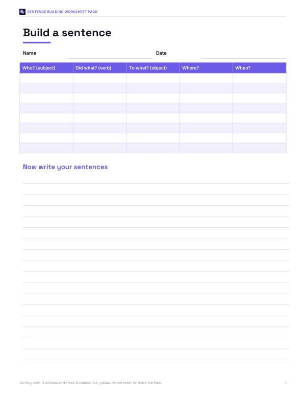 Preview of Printable Sentence Building Worksheet