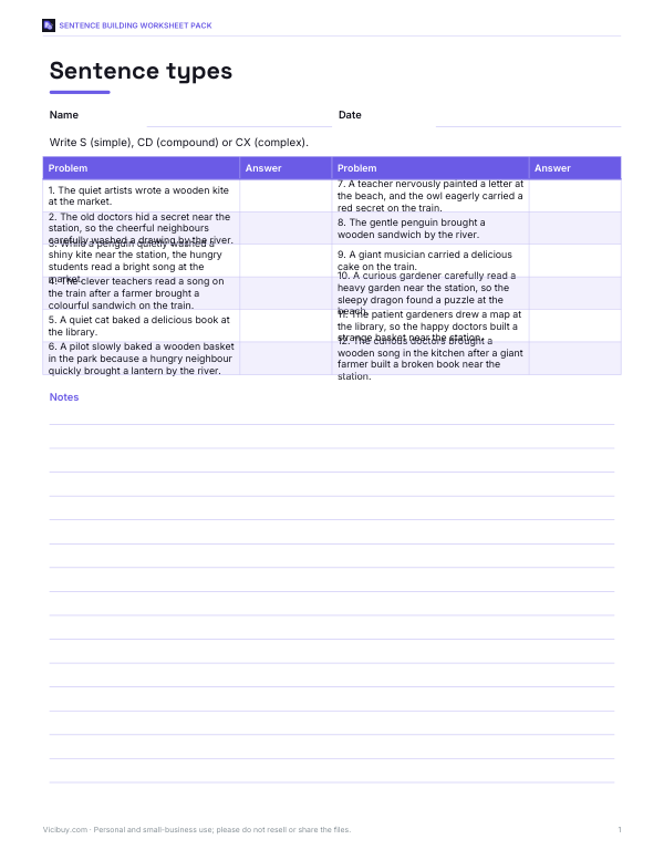 Preview of Printable Sentence Types Worksheet