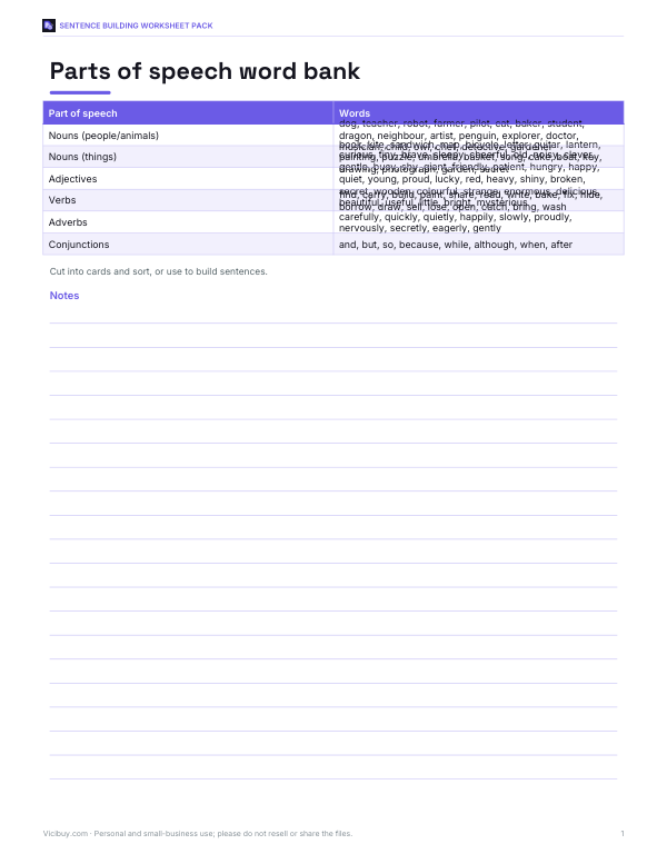 Preview of Printable Parts of Speech Word Bank